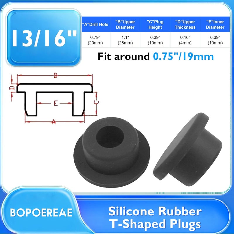 BOPOREAE 15 Pcs 20 mm/3/4 in Silicone Rubber Plug for 19-20mm Round Holes, Waterproof T Type Rubber Stoppers, Soft Flexible Snap-On Bottle Seal Button Plugs Tube Pipe End Covers Caps Inserts, Black - Image 2